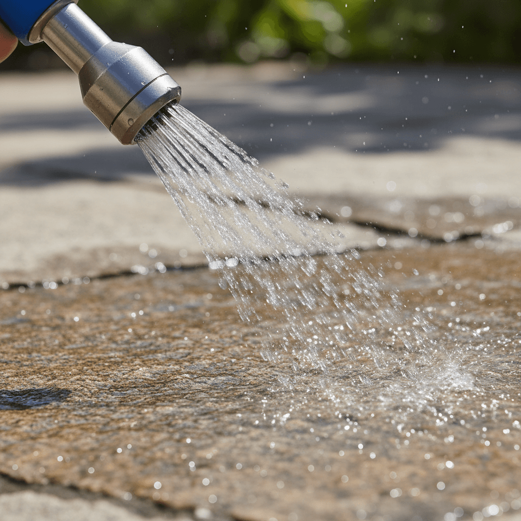 Buse de lavage basse pression projetant un fin brouillard d'eau sur une surface en pierre