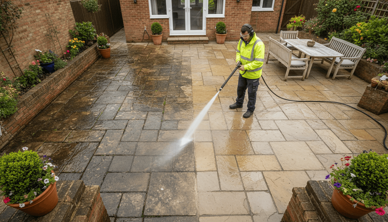 Professionnel nettoyant une terrasse en pierre au nettoyeur haute pression