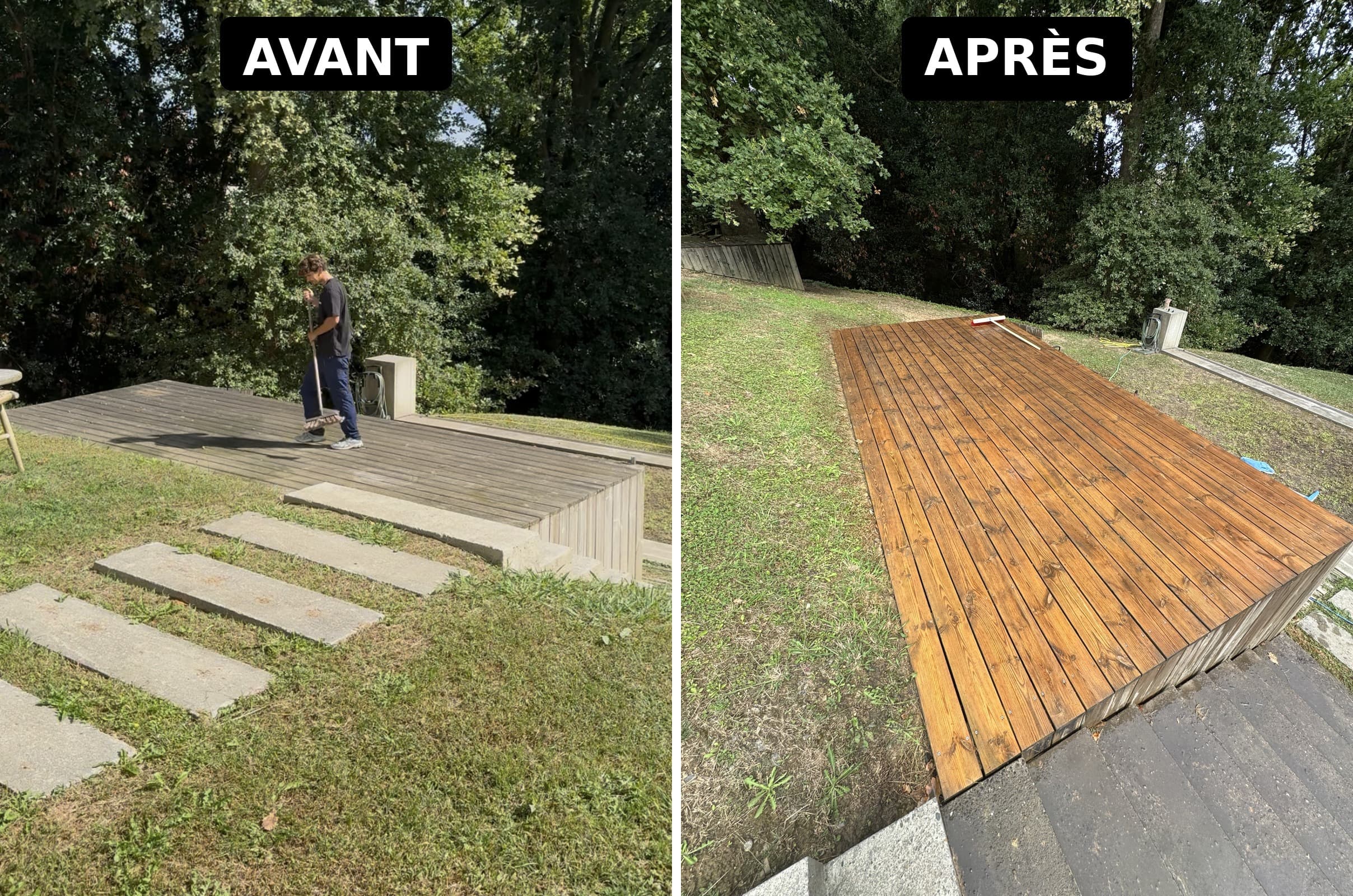 Comparaison avant et après d'une terrasse en bois grise restaurée avec une lasure marron.